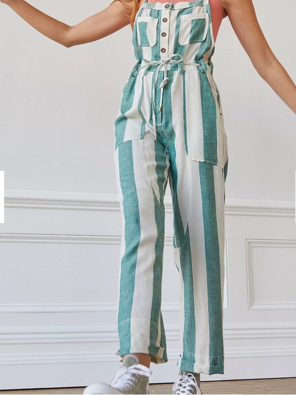 BDG Teal and Cream Striped Button-Front Jumpsuit (dungarees) with skinny straps - Picture 3 of 16
